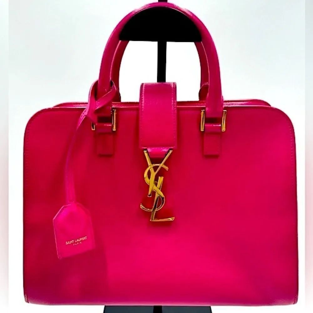 Auth Saint Laurent YSL Monogram Small Magenta Leather Cabas Bag